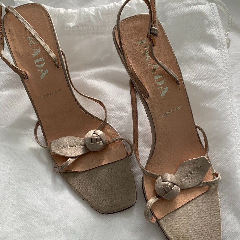 Authentic Prada Satin Heeled Sandal in Champagne